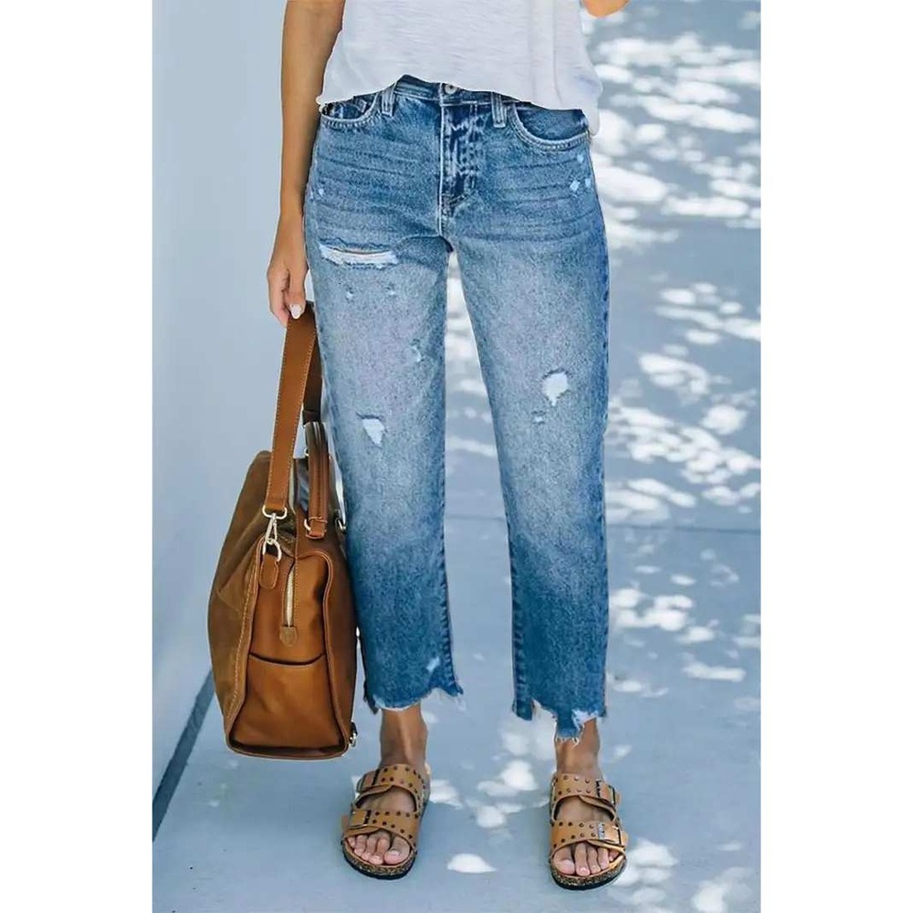 Flamingo XL 36 Ripped Raw Hem Mid Rise Straight Leg Cropped Jeans Boho Relaxed